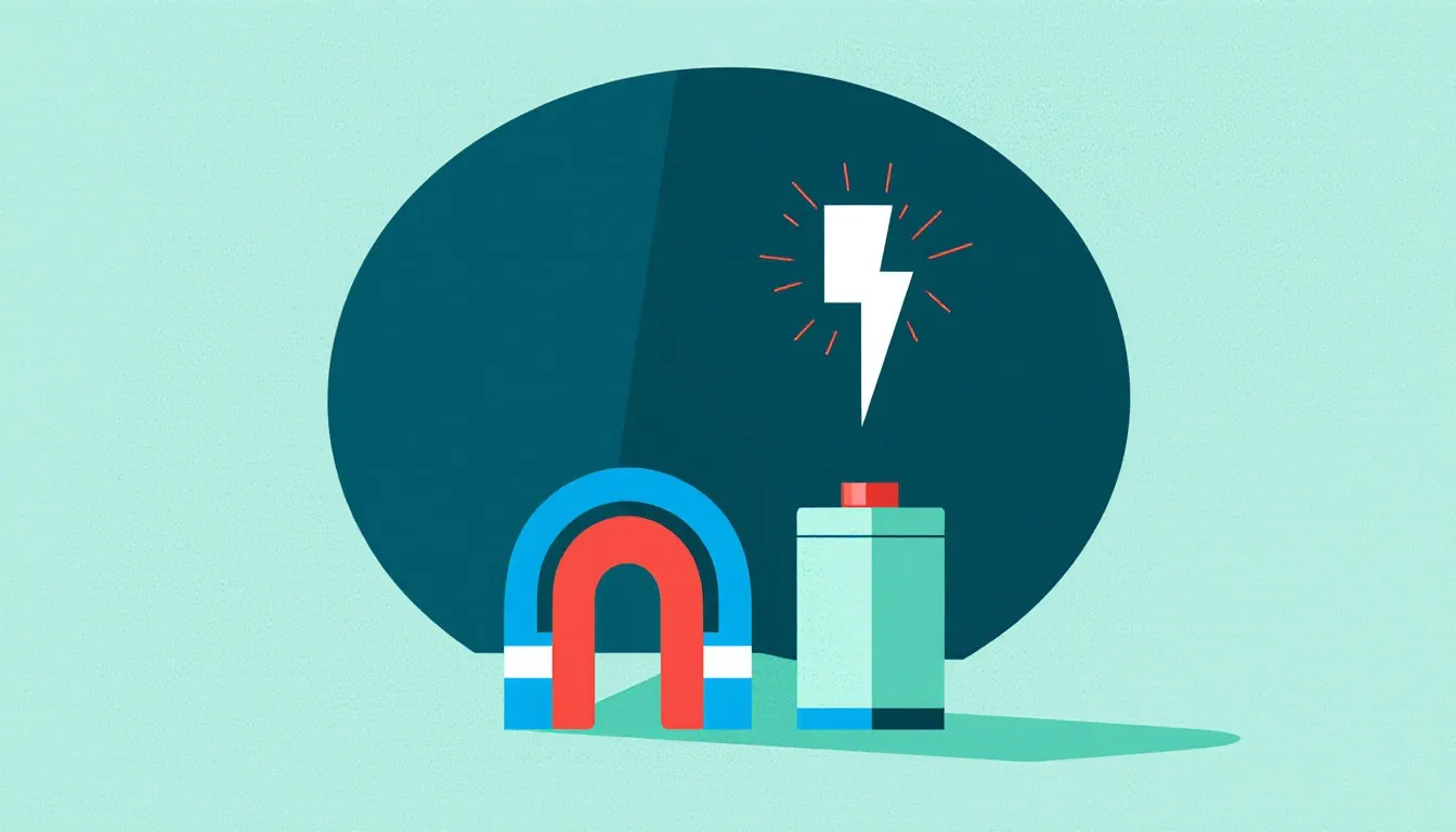 A horseshoe magnet, a battery, and a lightning bolt, standing for different forms of energy